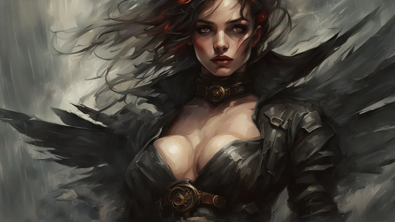 women, beautiful, steampunk, dusty brunette, long square, large steampunk black wings, sword, steam, dynamic pose, rain, wind, ashes, flashes of fiery threads, sketch art, fine lines, grunge, sensual, darkness, dark colors, by Raymond Swanland & Alyssa Monks & Anna Razumovskaya