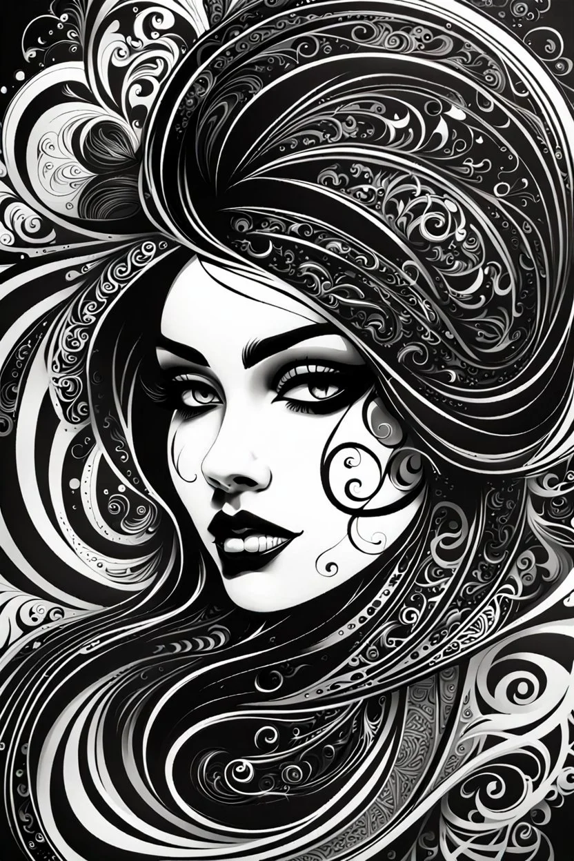 an abstract portrait of a goth punk girl from calligraphic letters, flourishes, and swirls , finely drawn and inked, in classic Arabic calligraphy, 4k, hyper detailed in the style of EL SEED