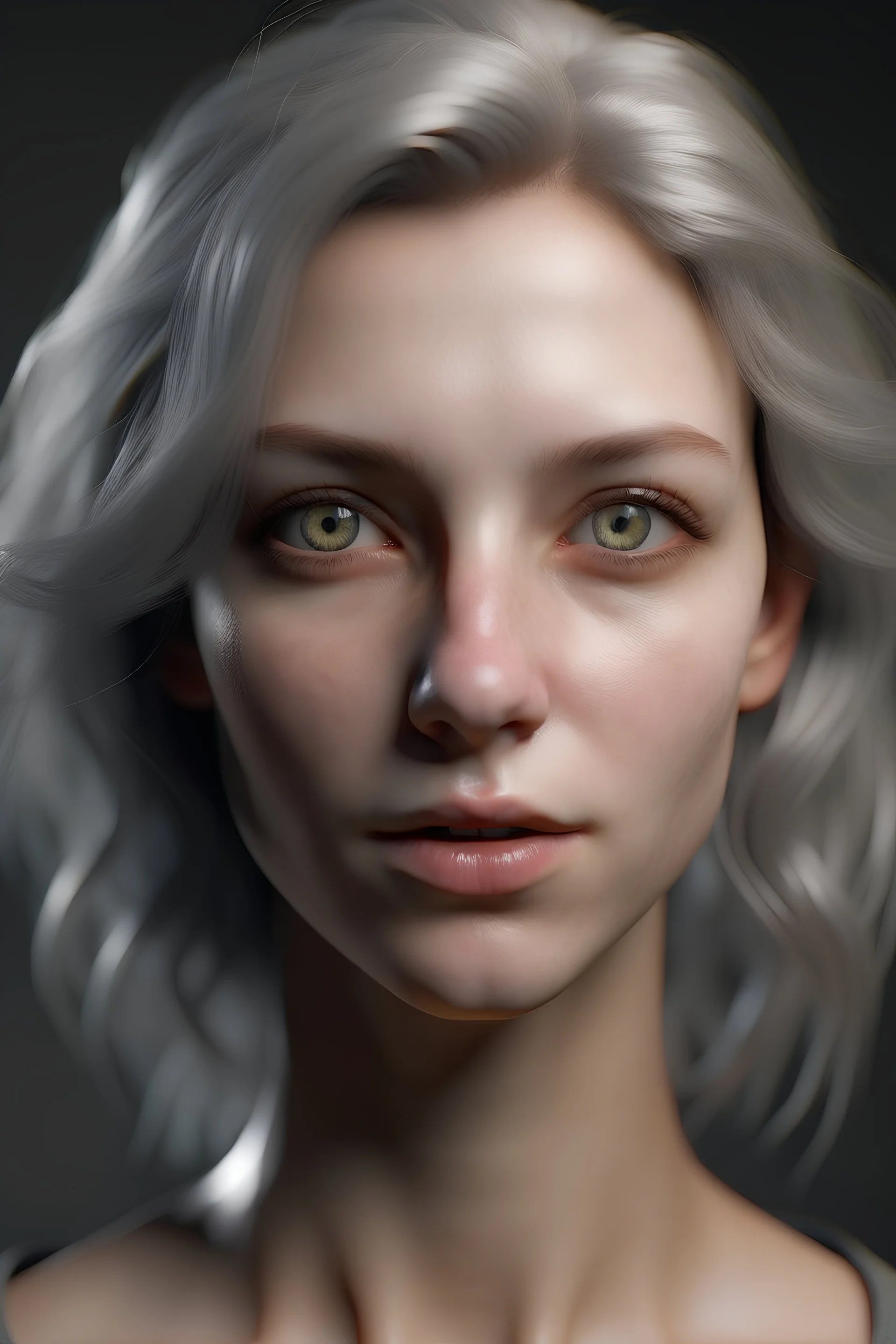 Human, grey eyes, normal skin color, ashy hair