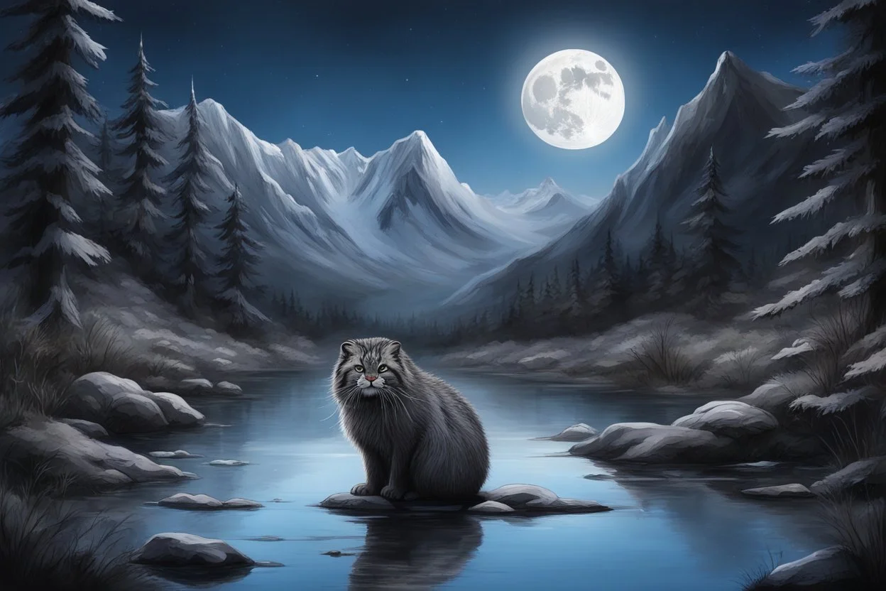 black, blue and white colors, hunting manul, fullmoon, pond, mountain, forest