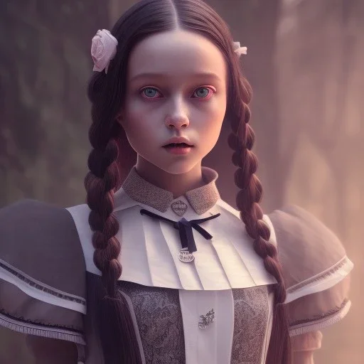 Full body, 3d render,Jenna Ortega, Wednesday addams 1800's women style, 1800's hair style, 1800's women clothes style, hyper realistic, octane render, unreal engine 5, 8k, palace background, uhd