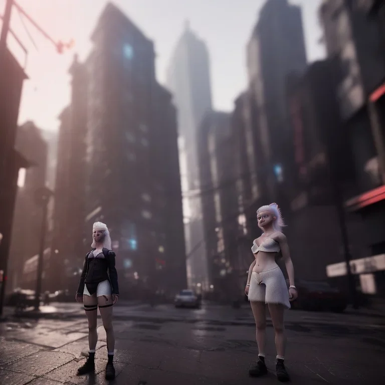 A wide-angle shot of a young, white-haired nymph woman standing on a sidewalk in a cyberpunk city. The woman only has one head, but also a gentle smile.