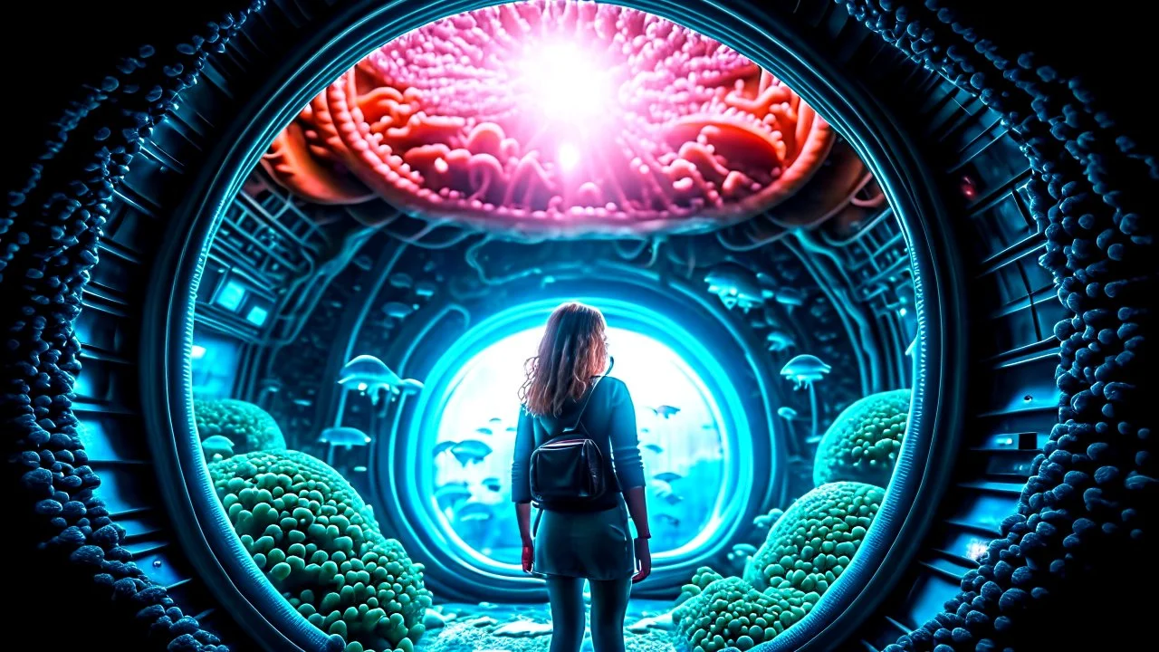 woman standing inside the interior of a ruined alien spaceship, with a circular window, overrun with mushrooms with jellyfish tentacles