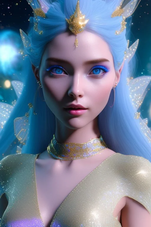 woman glitter blue fairy in a galactic ambiance, long blue hair, detailed gorgeous smile, delicate colors in the foreground, full of details, smooth, light effect，vaporwave colorful, smooth, extremely sharp detail, finely tuned detail, ultra high definition, 8 k, unreal engine 5, ultra sharp