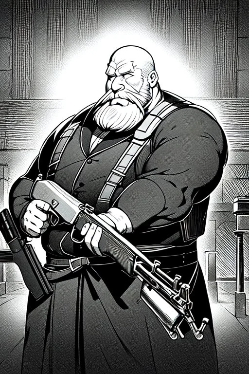 old man behind the counter aiming with a sawed-off shotgun, greyscale