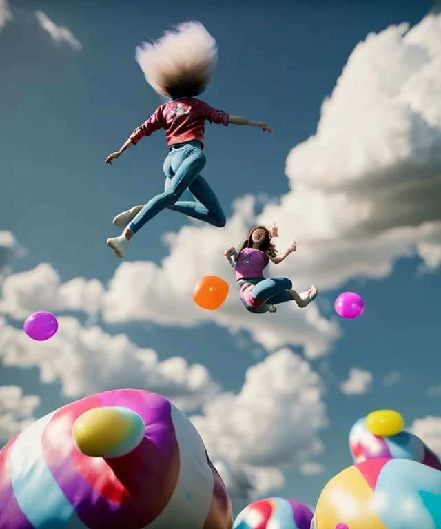 Ultra realistic clouds sky scene, wide angle, sweet childs falling down, inflatable color clothing, free jumping flying, many trinkets, monster hair, hair monster, many jelly beans, balls, smile, happy, circus style, extreme, wind, clouds sea, 20,000 feet altitude, stratosphere, soft color, highly detailed, unreal engine 5, ray tracing, RTX, lumen lighting, ultra detail, volumetric lighting, 3d, finely drawn, high definition, high resolution.