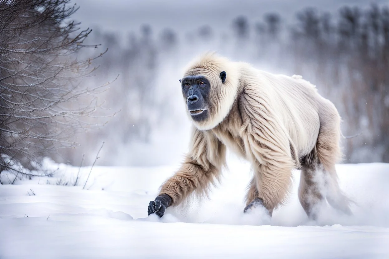 Dynamic action shot of a Yeti hunting during Alberta snow, [captured by Nikon D850 with a 70-200mm lens], winning awards photography, in the style of Nick Brandt, God-rays