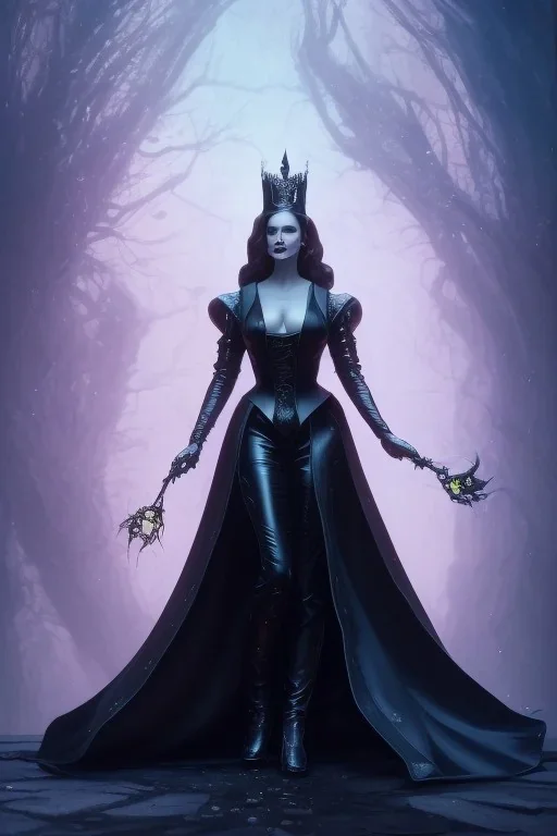 Geena Davis as evil queen in black leather gown, evil, busty, cleavage, curvy, angry, stern look. character design by cory loftis, fenghua zhong, ryohei hase, ismail inceoglu and ruan jia. unreal engine 5, artistic lighting, highly detailed, photorealistic, fantasy