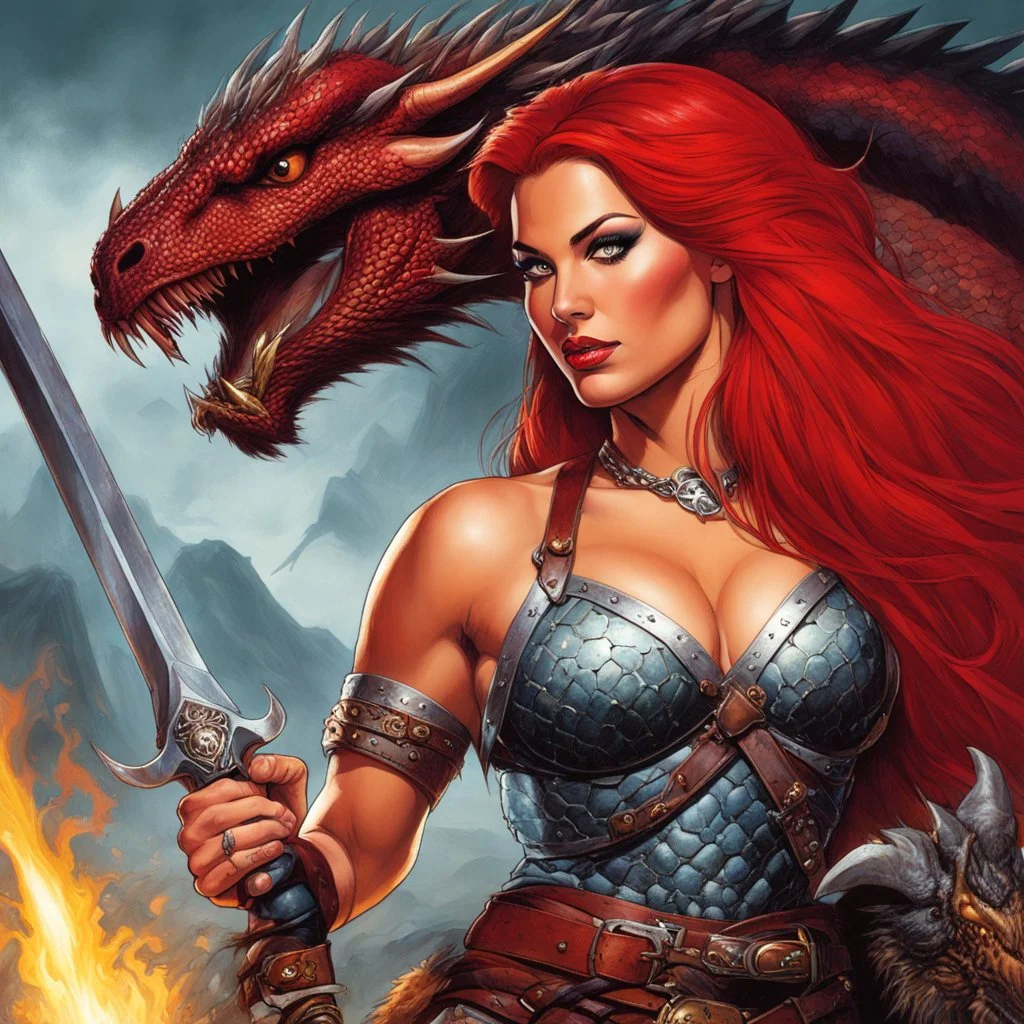 Red Sonja with a dragon: sorcerers' skull Art by J.G. Jones,