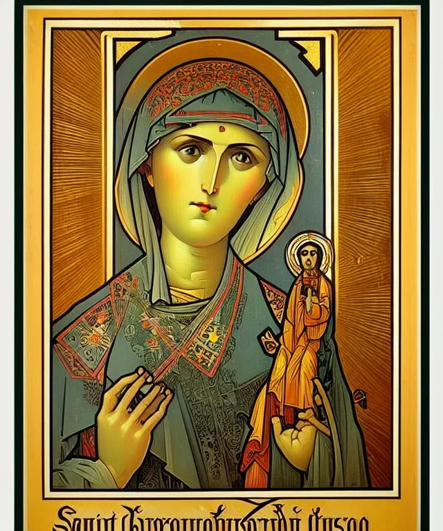 saint patron of photographers holding camera in hands. orthodox icon. Cyrillic inscriptions. hyperdetailed, Alphonse Mucha, poster, illustration, ink, oil on canvas, 18th century atlas