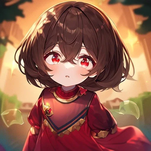 Clear focus, High resolution, kid, Rough line, cute, cartoony style, big eyes, red eyes, sparkling eyes, brown hair, red eyes, wearing a female kakario outfit