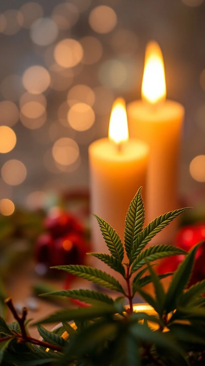 A very delicate New Year's composition, sparkling patterns, very delicate, iridescent bokeh. Marijuana green leaf, small blurry candles