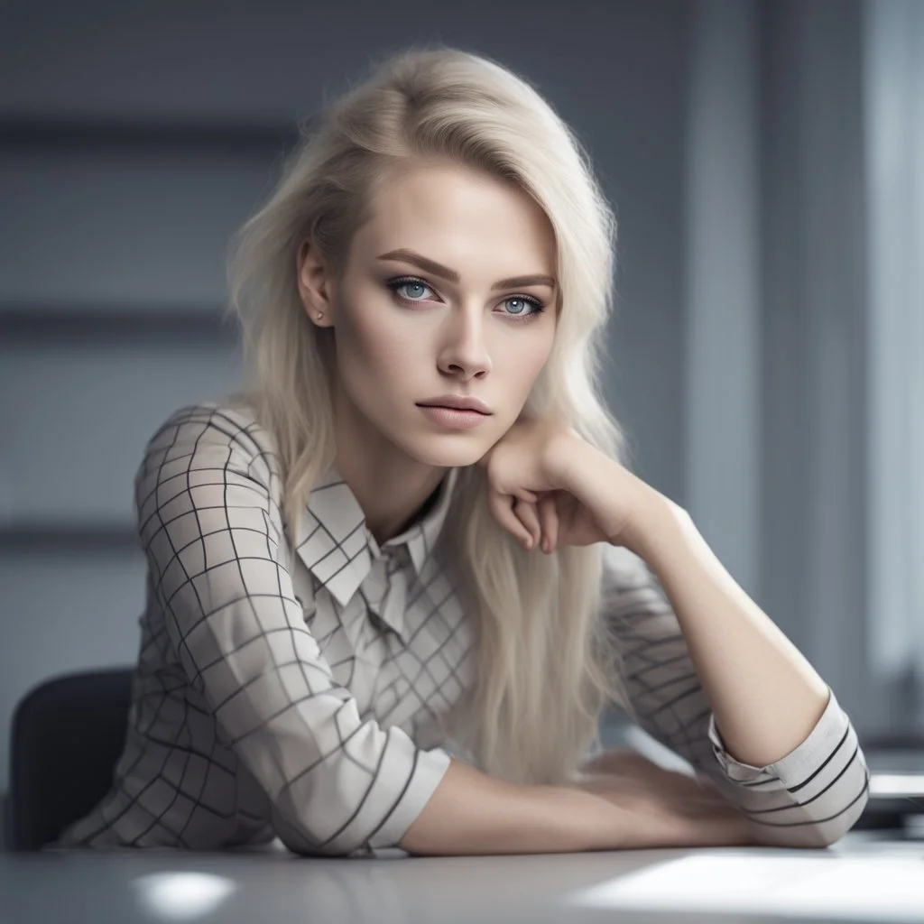 portrait photo of an 20 years old european blonde haired woman sitting in office, style \(artistic makeup with geometric lines\) , 8k, uhd, realistic, detailed skin, insane detailed, Illumination daylight,