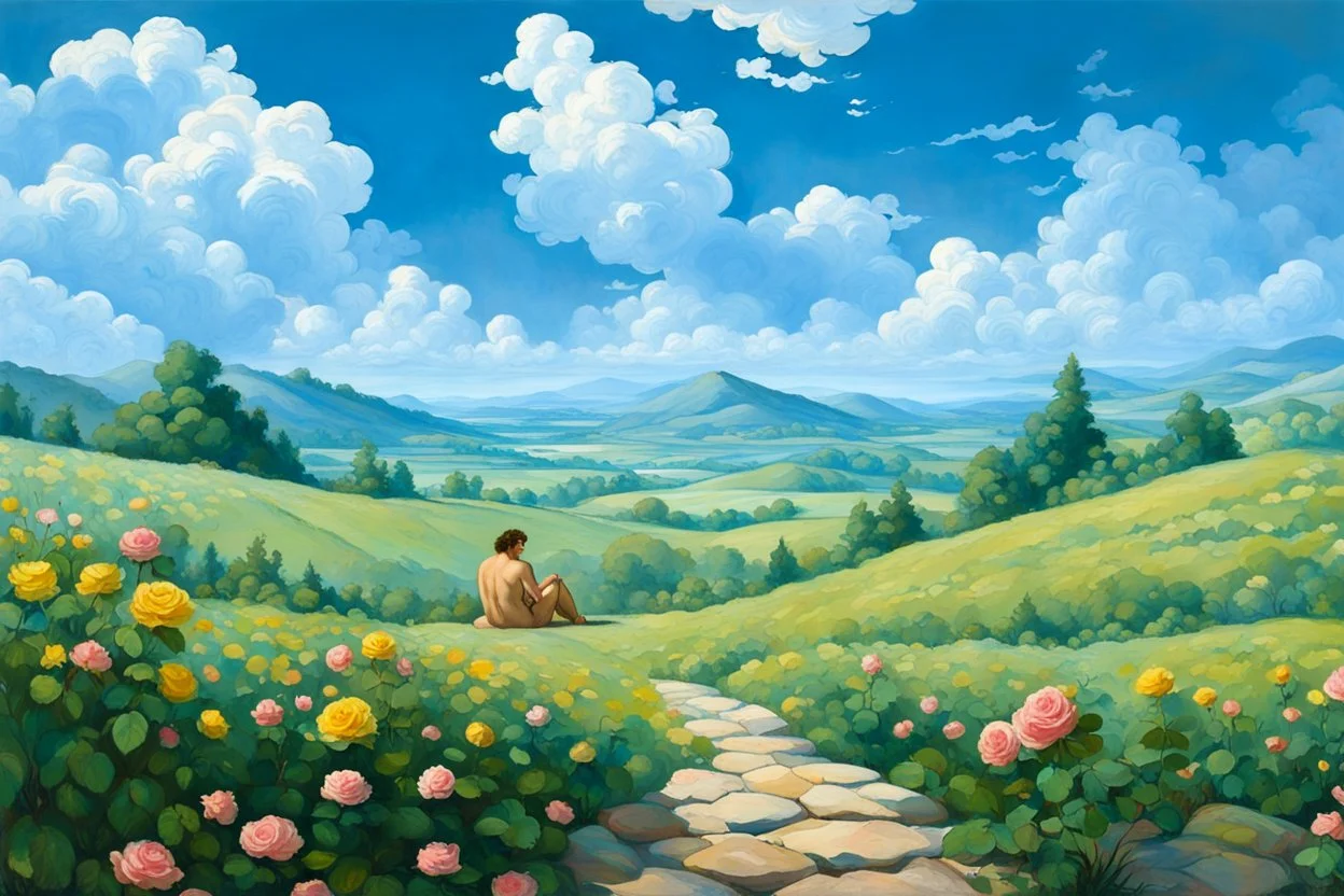 a handsome, fat man with a well-groomed, bearded face and long, curly hair. He is sitting naked on a rock, surrounded by a picturesque valley adorned with pink and yellow rose flowers. The spring sky above is adorned with breathtakingly beautiful clouds. like oil paintings 19th century