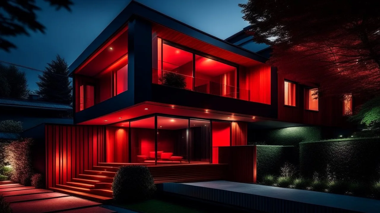 Photo of a modern single-family home at night with wooden and glass exterior finishes, featuring vibrant red accents... The house showcases clean lines and a minimalist design, with large windows that allow a glimpse into the warmly lit interior... The wooden facade creates a natural, earthy feel, while the glass elements add a contemporary touch... Soft garden lights illuminate the surroundings, casting gentle shadows on the lawn and creating a serene ambiance... A family is seen sitting on the