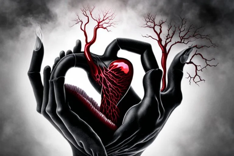 A black hand violently gripping a human heart inside an open human chest, squeezing all blood out of it, foggy, surreal