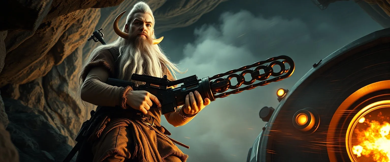 movie poster, portrait interview cowboy Albino Dwarf Spirit climbing outside space ship in cave holding huge mounted chain gun, motion blur, smoke and steam flashlights, flame squid whip, splatty explotion