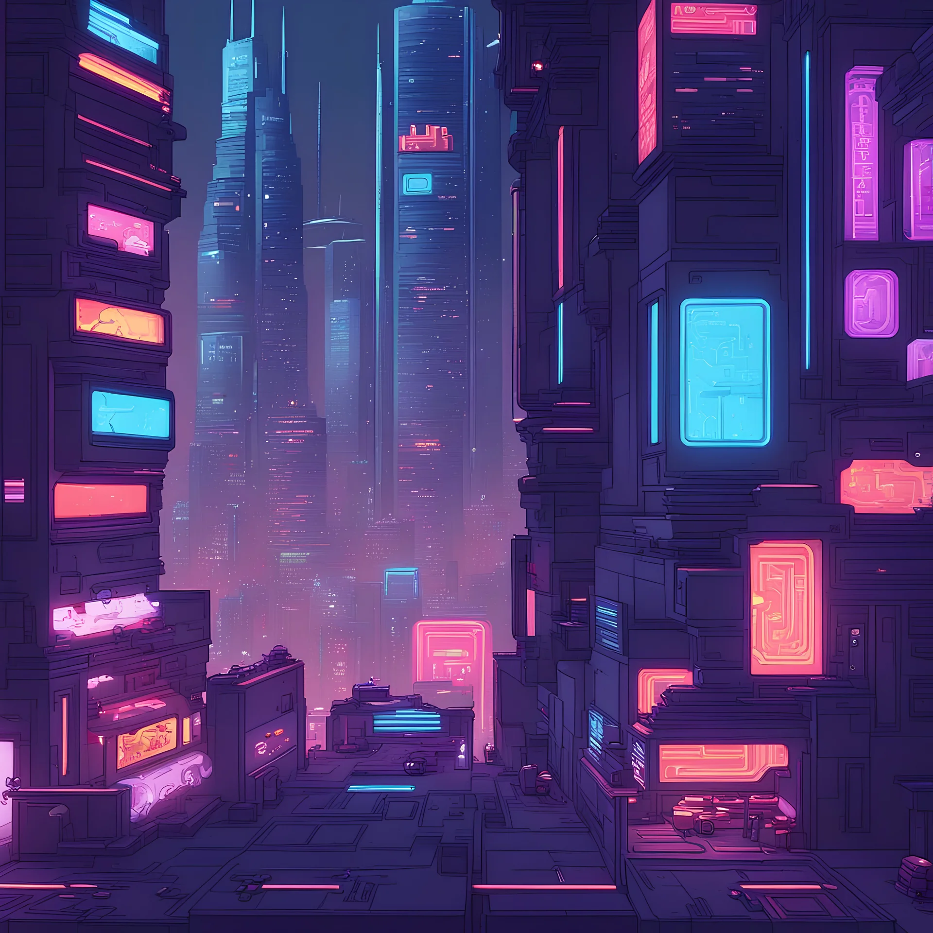 Craft a digital pixel art depiction of a retro-inspired video game level set in a futuristic cyberpunk city. The environment should be filled with futuristic skyscrapers, neon signs, and flying vehicles, rendered with crisp, blocky pixels reminiscent of classic 8-bit graphics.