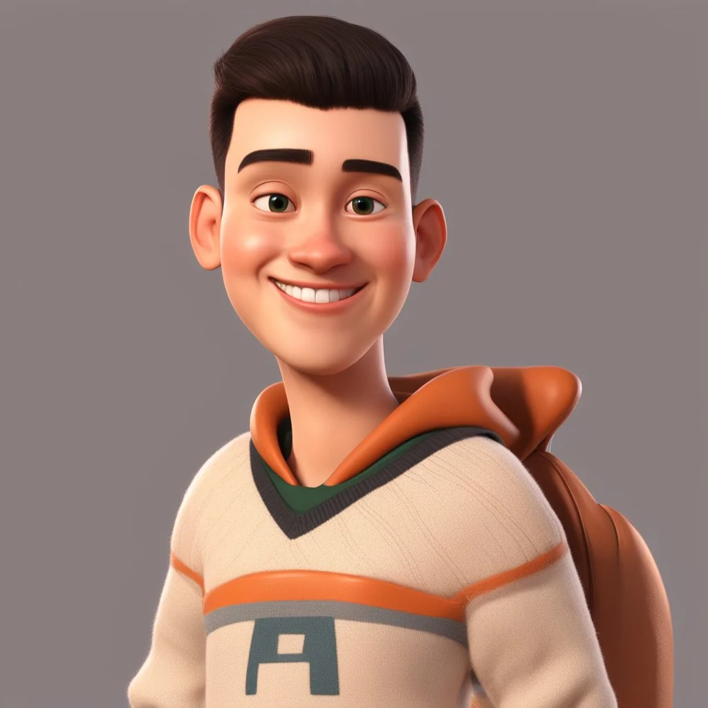 a portrait of smiling young western man. caricature. black hair. short hair, buzz cut hair style. light skin. brown eye pupils. black thick eyebrow. round face shape. a bit small goatee, without moustache. wear white sweater with puma logo on his sweater. pixar style. 3D. 4k. portrait. highly detailed. sharp focus. high resolution. full color. cinema lighting