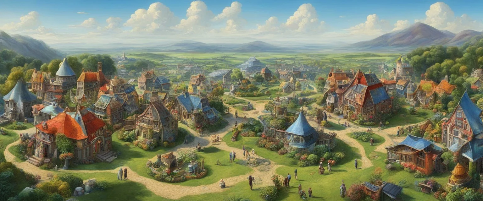 A busy surrealist market in a beautiful sunny countryside scene with distant hills & fields, many conjoining intricate characterful dwellings & a clock-house (designed by Esher & Dali) each with Solar Panels or small wind turbine on each roof. Many pathways & walkways, stairways & staircases, bridges, waterfalls & a waterwheel : ultra high detail, photorealistic, epic cinematic, 8K, Large depth of field