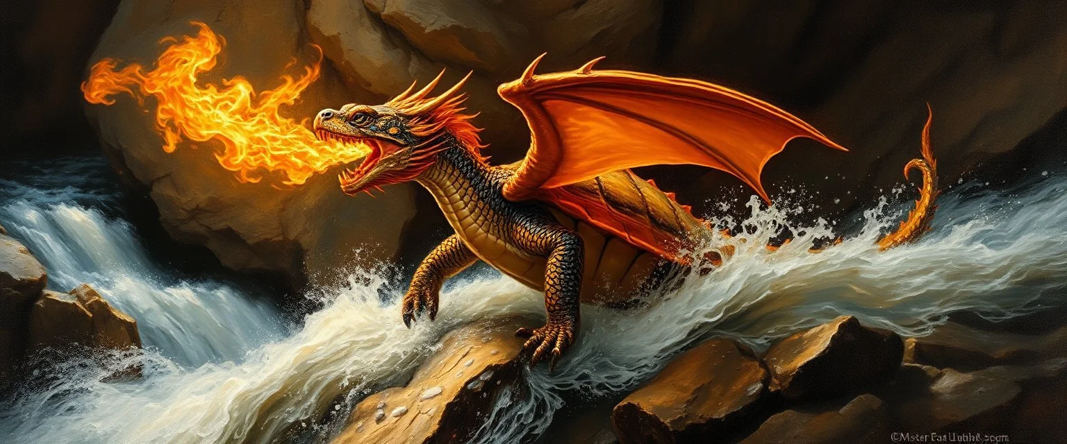 pin hole picture, master oil painting by Rembrandt, good afternoon turtle dragon with fire breath rushing down a water fall, in mountain pass