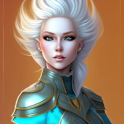 D&D cleric, female, platinum blonde hair, happy expression, teal armor, gold eyes