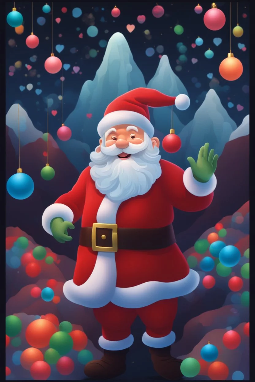 Christmas Themed -- Multicolored 3D Bubbles, multicolored, Floating 3D hearts with an electrical current, fog, clouds, somber, ghostly mountain peaks, a flowing river of volcanic Lava, fireflies, Christmas tres, a close-up, portrait of Santa Claus smiling a big bright happy smile, wearing his traditional Christmas uniform, in the art style of Boris Vallejo