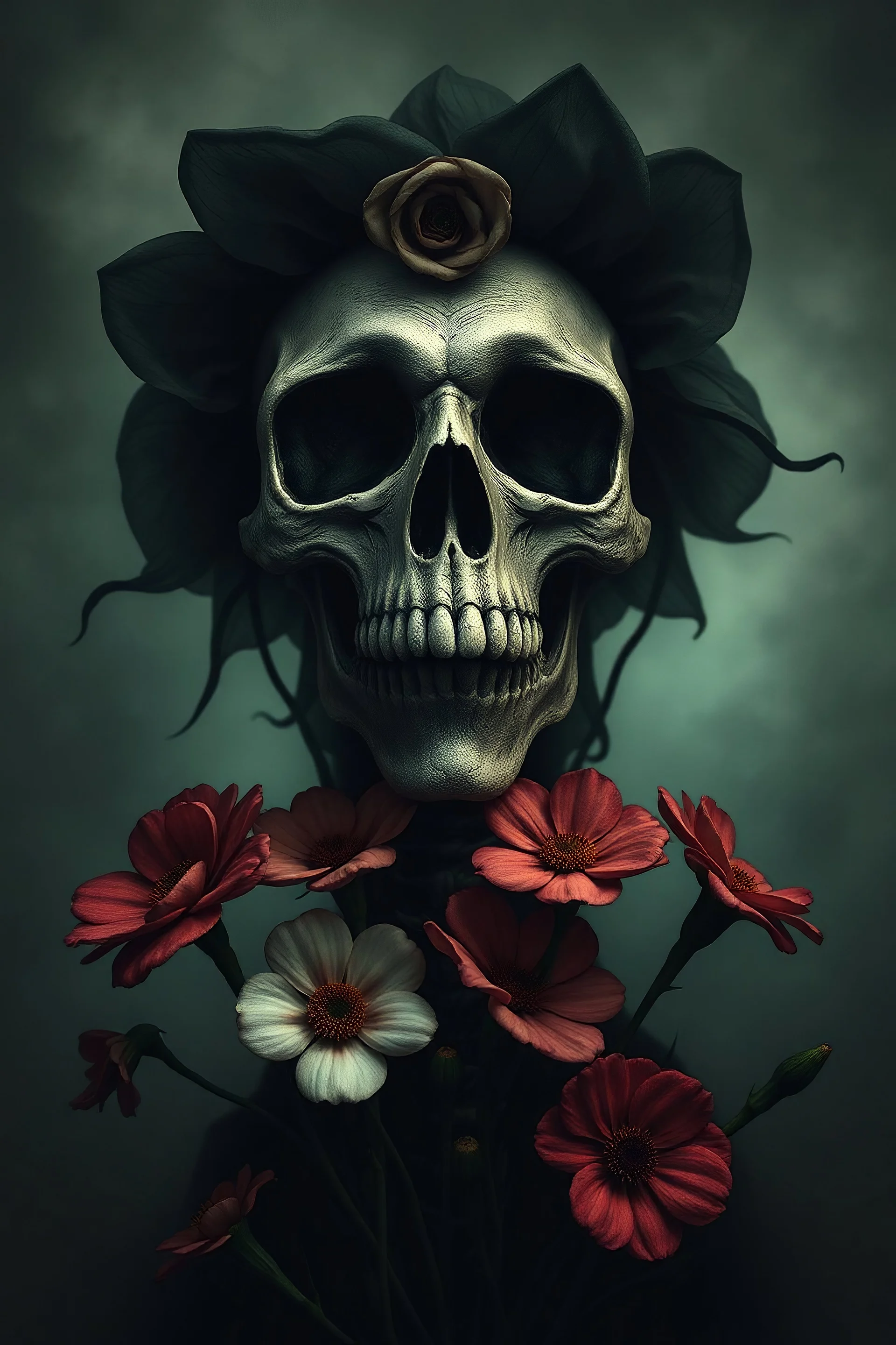 morbid skeletal apparition face ominous flowers horror magic