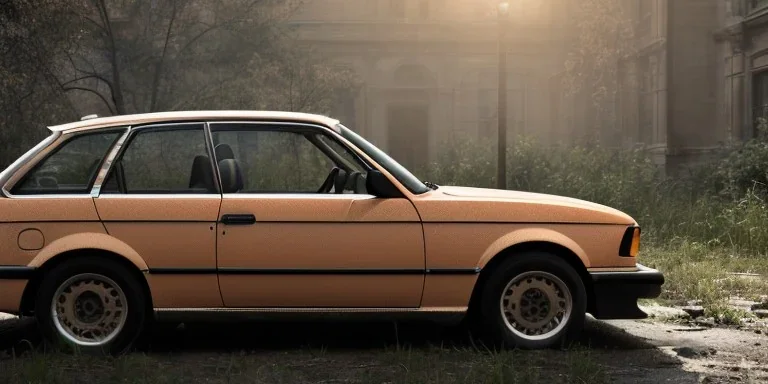 an abandoned 1990 bmw rust 2-door overgrown by nature with dust ,ultra realistic,concept, 4k ,on street, parked in crowded city winter,8k resolution, high-quality, fine-detail