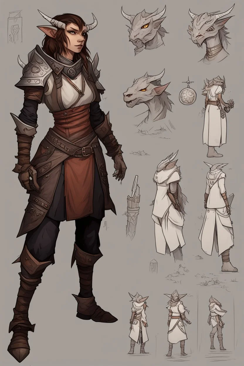 a female dragonborn artificer OC reference sheet