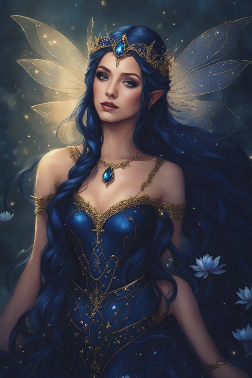 Midnight blue,Dark blue hair,night,dark fairy princess ,elven crown,elven ears,sparkle,glitter,gold armor,dragonflies,rapunzel hair,water lilies