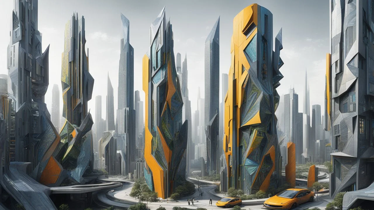 A futuristic cityscape with tall, angular skyscrapers and unique architectural structures in varying shades of grey, yellow, blue, green and orange, the buildings have intricate designs and patterns, creating an architecturally avant garde visual appearance.