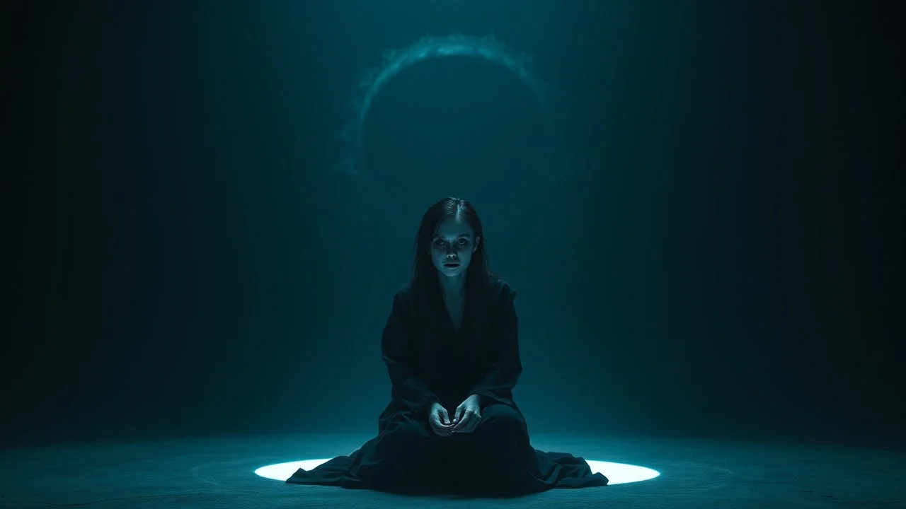 A solitary woman sitting alone in an endless void of darkness, pale skin, large hollow dark eyes with deep shadows underneath, wearing tattered black robes, empty expression, staring into nothingness. Only a faint circle of dim light surrounds her. Absolute loneliness, emotional emptiness, existential despair, abandonment, silence, vast darkness consuming everything beyond the light. No other people, no faces, in background a big monster eye, vibe surrealism, thriller atmosphere, cinematic