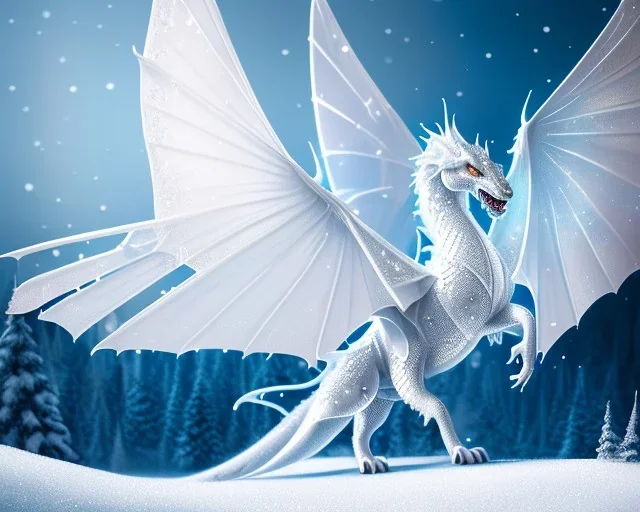 mdjrny-v4 style, a white dragon with fairy-like transparent glowing and sparkly wings standing in snow, full body, silver and teal background, glowing soft and smooth wings, realistic, highly detailed intricately detailed, shiny snowy background, soft studio lighting, trending on artstation, by artist "Julie Bell", by artist "Greg Rutkowski"