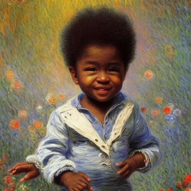 African American baby boy composer at black piano modern art by monet