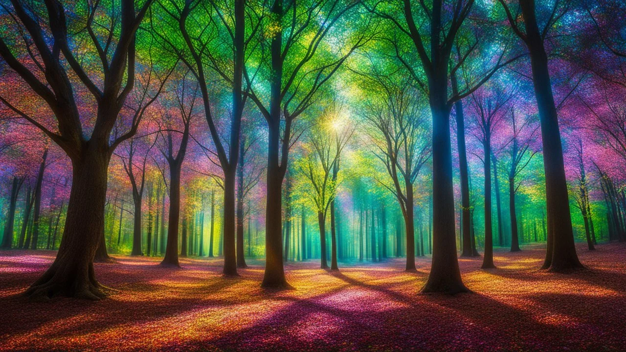 A fantastical forest where the trees are made of shimmering glass and their leaves resemble stained glass windows, casting colorful, kaleidoscopic shadows on the ground. Ethereal creatures with luminescent wings flit between the branches. Award-winning photograph, 80mm focal length, rule of thirds.