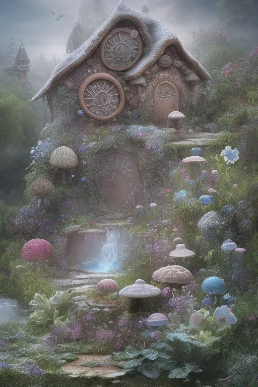 lac turquoise, petit rocher avec mousse, hobbit house,great flower fleurs pink and white, champignon, etoile filante, cristaux, vray, cgi