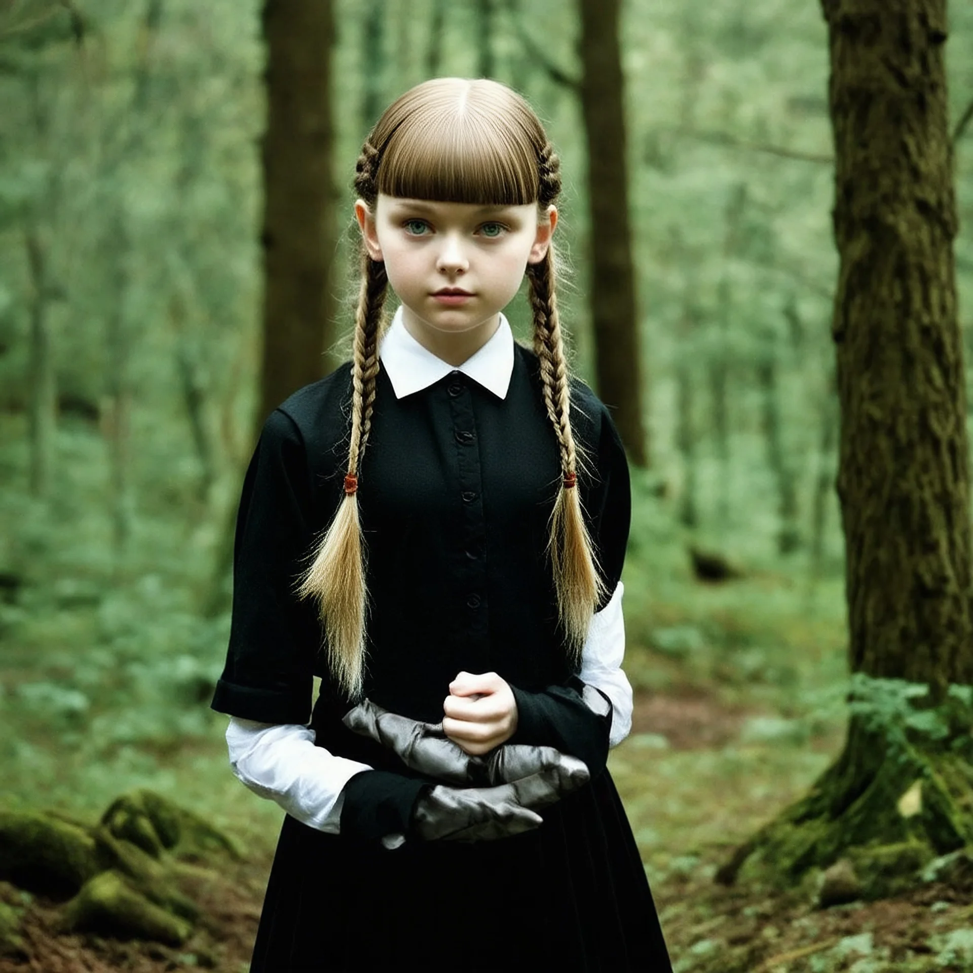 Young gemma ward as Wednesday addams, braids, bangs, in tge woods