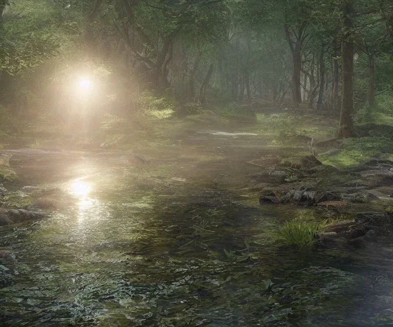 a small river with sunlight reflecing in it flowing through a serene forest, highly detailed, unreal engine, rhads, octane render, beautiful composition