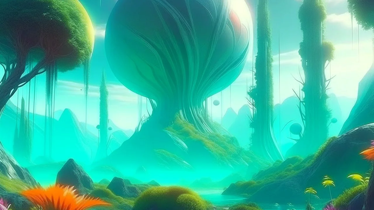 sci fi planet, mysterious, strange giant plants, magical, hyperrealistic