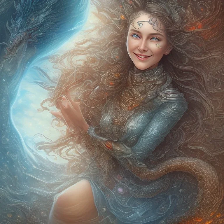 Beautiful portrait of a smiling witch running the rags of water and fire and wind and dirt with a brilliant wood and crystalline with a variety of colors with a background of the great and beautiful dragons flying in the nucleus heaven and with a background of a large snake with several heads