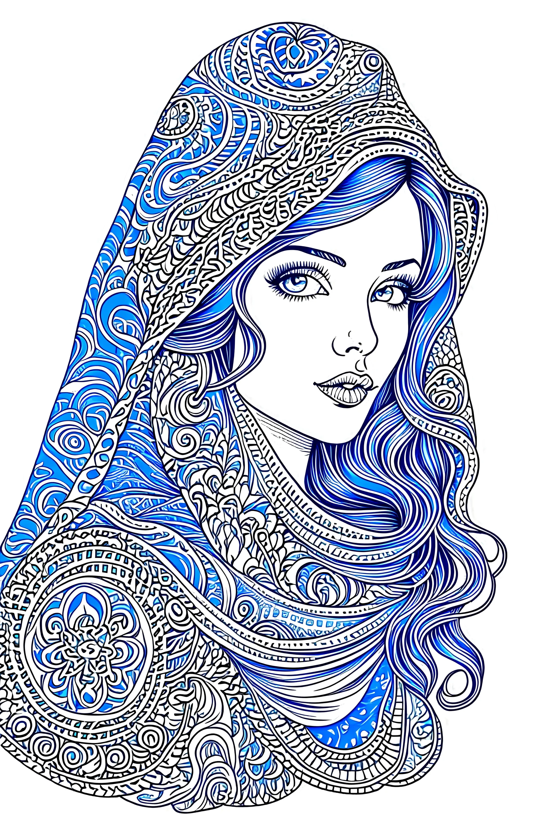 beautiful persian female drawings in blue pen vector images, comic, white background, manga,