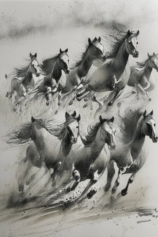 8 horses running on meadow as black ink watercolor chinesse paintin art