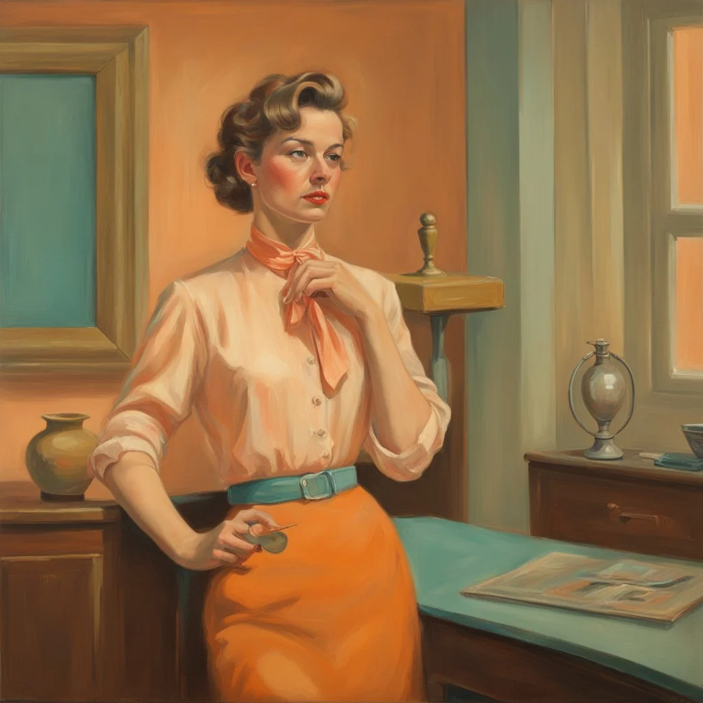 realistic oil painting of woman in messy blouse pointing to her neck, 1950s architecture interior house, art deco furniture visible. peach orange and cyan interior