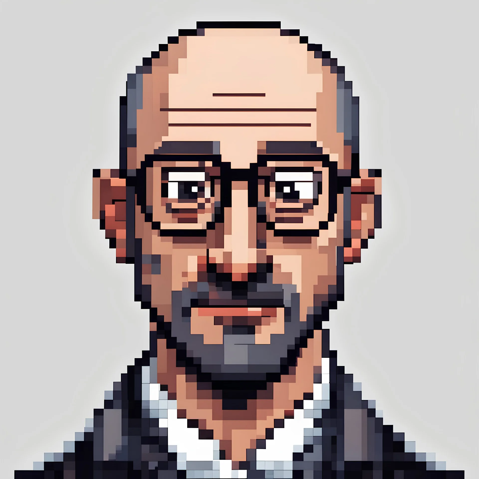 Pixel art. A portrait of an 50 year old balding man with round glasses, dark hair and a stubble beard. Hair color dark. Narrow nose. White background. Style pixel art.