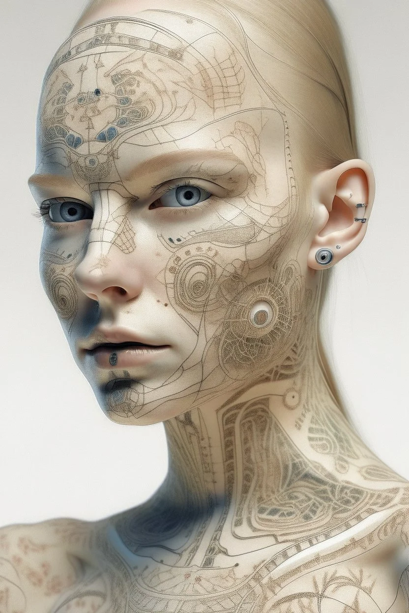 Portrait of a woman, creamy colors, robotic skin, embroidery on skin