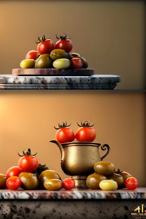 renaissance style still life composite by Raviolis with natural tomato, albahaca, olives, olive oil. moisture, art, natural, ornaments, marble, gold, high kitchen, smooth, gradient color background, unreal engine 5, ray tracing, RTX, lumen lighting, ultra detail, volumetric lighting, 3d.