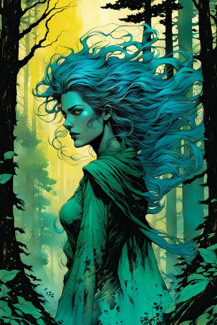 create a wildly conceptual closeup full body print illustration of a feral female mage with highly detailed hair and feminine facial features, in an ethereal, otherworldly ,ancient summer forest , in the comic book art style of Bill Sienkiewicz, Mike Mignola, Sparth, and Jean Giraud Moebius, finely textured, drawn, colored, and inked, suffused with dramatic natural light and shadow of sunset