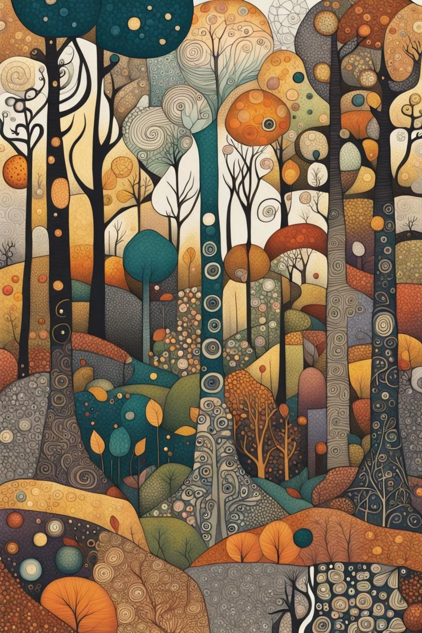 random color Zentangle patterns in the styles of Gustav Klimt ,Wassily Kandinsky, Paul Klee, and Kay Nielsen that depicts a a remote autumn forest glade, with fine ink outlining