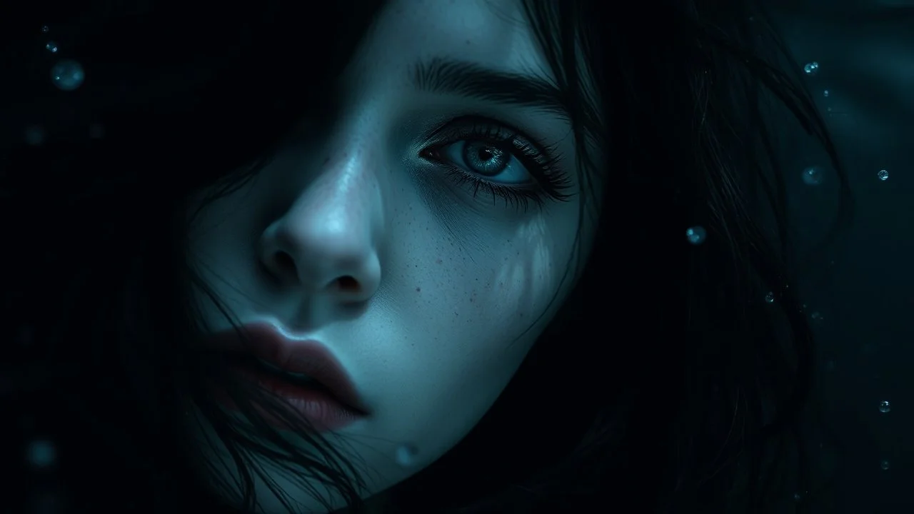 close up face shadow eyes, void, pain, hyper-realistic detail, floats in deep sea, Dark sea ten and in her hair, drils and shadow around, abyss, fog, Style crepy stunning, dark, surreal vibe underwater and meticulous detail clean pale skin and face. dark shadow and weird mood